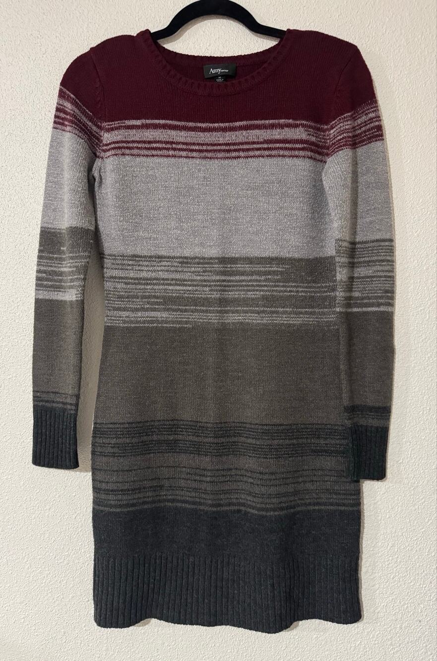 Amywear Long Sleeve Striped Sweater Dress (Burgundy & Grey Gradient) Size M Chic
